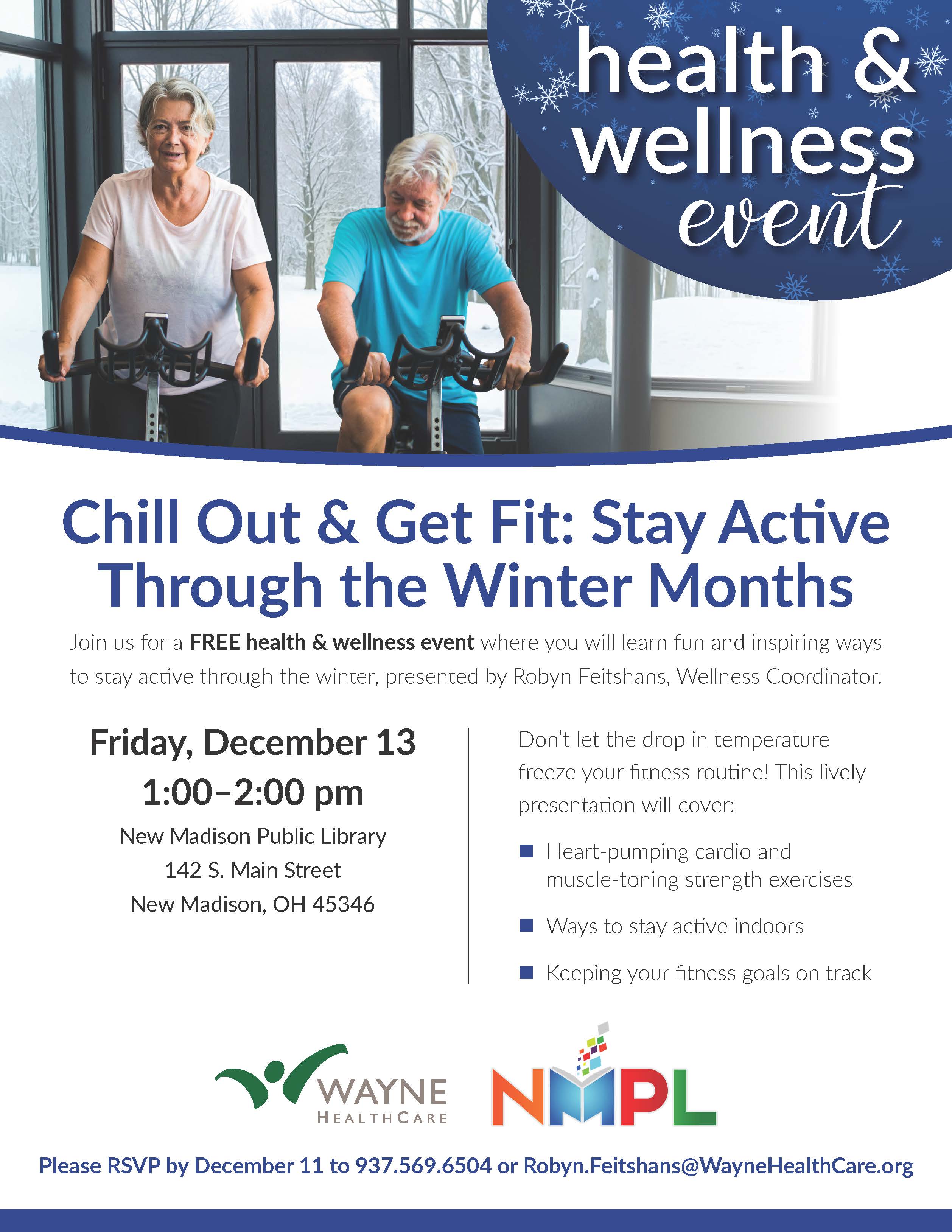 man and woman riding stationary bikes inside with snow outside.